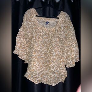 Chaps Cream and Brown Off the Shoulder Bishop Sleeve Blouse